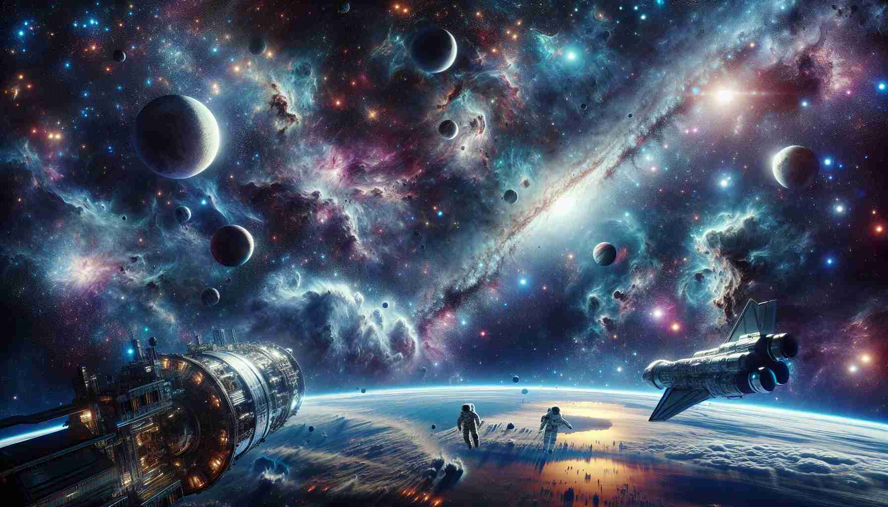 A hyper-realistic high-definition depiction of the immense cosmos exploration. Imagine a journey that transcends planetary borders. Gaze upon a backdrop of billions of stars, grand celestial bodies and shimmering nebulae. Astronauts from diverse descents, a black male and a Hispanic female, float nearby a spacecraft, seemingly dwarfed by the enormity of the universe around them. Let your imagination take you on an interstellar adventure that demonstrates a surreal blend of art and science, practically inviting you to explore the vast reaches of the unknown.