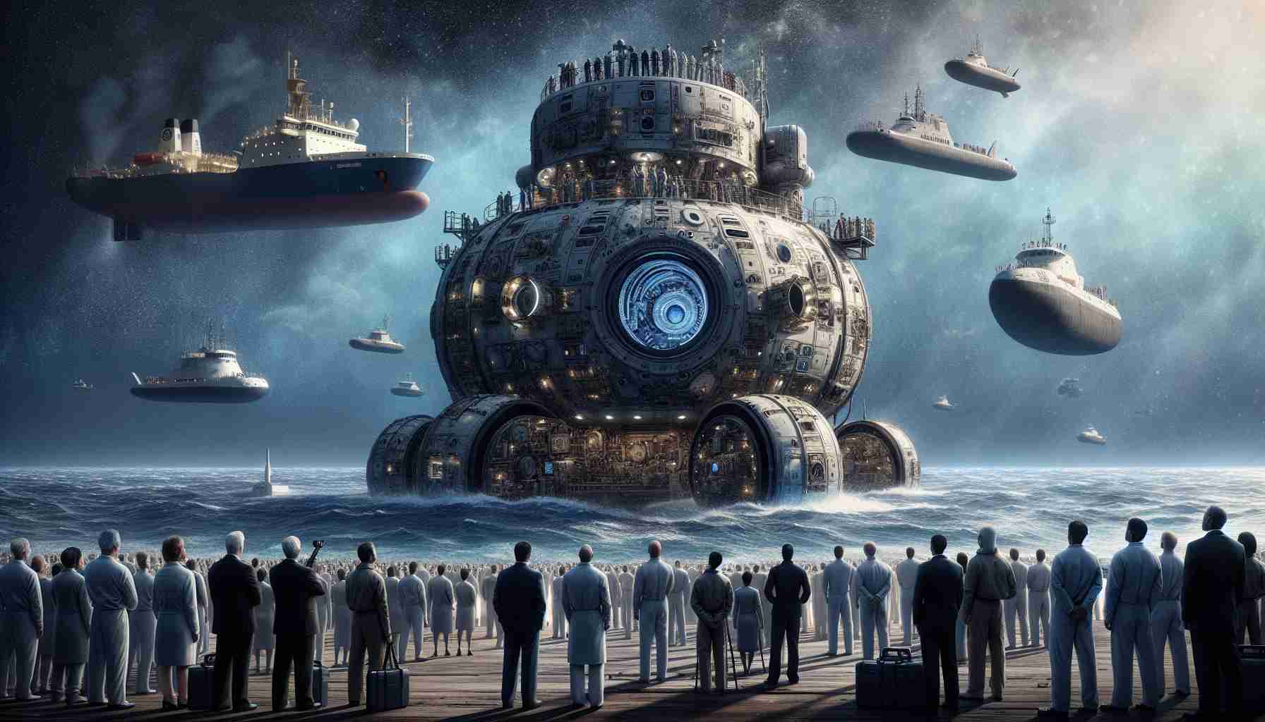 A detailed depiction of a groundbreaking research mission initiated by a major private aerospace manufacturer to explore the ocean depths. Imagine the scene conveying the anticipation of embarking on a daring quest for untapped knowledge. In the forefront, a highly advanced submersible vessel, designed for deep-sea exploration, sits ready for launch, dwarfed by the enormity of the vast ocean surrounding it. Include the feeling of the moment, with on-lookers, technicians and scientists, of various genders and descents ranging from Caucasian, Hispanic, Black, Middle-Eastern, South Asian, White, nervously awaiting the launch.