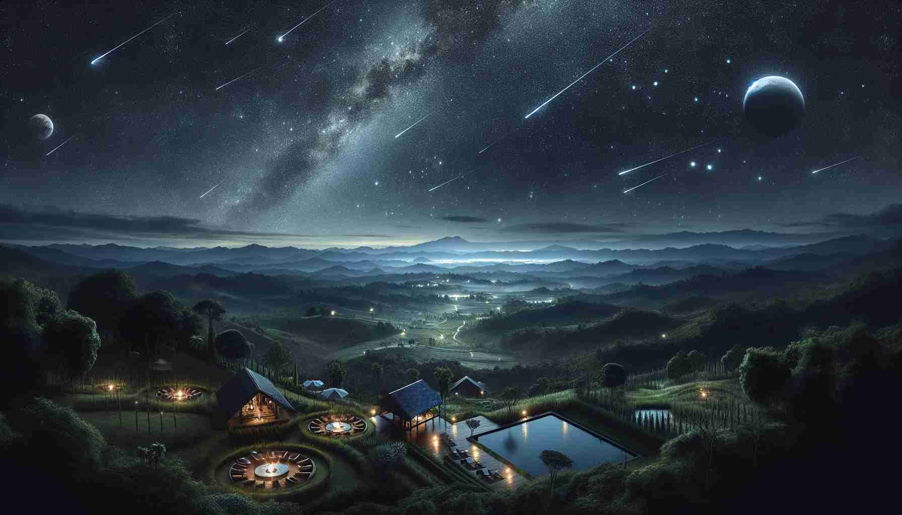 A realistic, high-definition image capturing the serenity and vastness of the night sky as observed in a sustainable sanctuary. The landscape below boasts of eco-friendly structures amidst lush greenery. Star constellations are clearly visible in the inky black sky, creating a striking contrast. Meteors streak and planets glimmer from afar. The image depicts the perfect balance between preserving nature's beauty and modern eco-innovation in a tranquil, almost mystical setting, bringing forth the magnificence of the universe and its celestial bodies in the night sky.