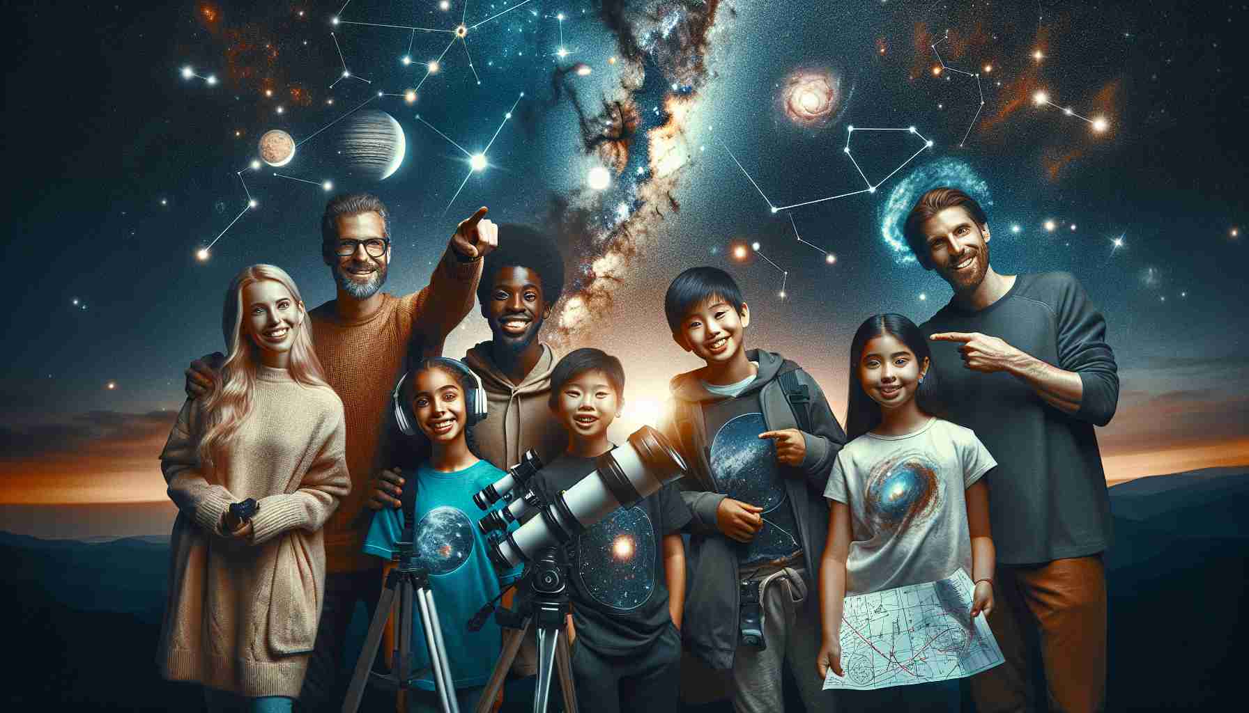 An HD photo depicting a group of friendly astronomy enthusiasts from various descents. A Caucasian female with a telescope, a Black male pointing towards a constellation, a Middle-Eastern child wearing an astronomy-themed T-shirt, and a South Asian female holding a star map, all gathered under a clear night sky filled with glittering stars, galaxies, and nebulae forming a splendid celestial panorama. Emphasize the sense of wonder and camaraderie as all engage in their shared passion of exploring the mysteries of the universe.