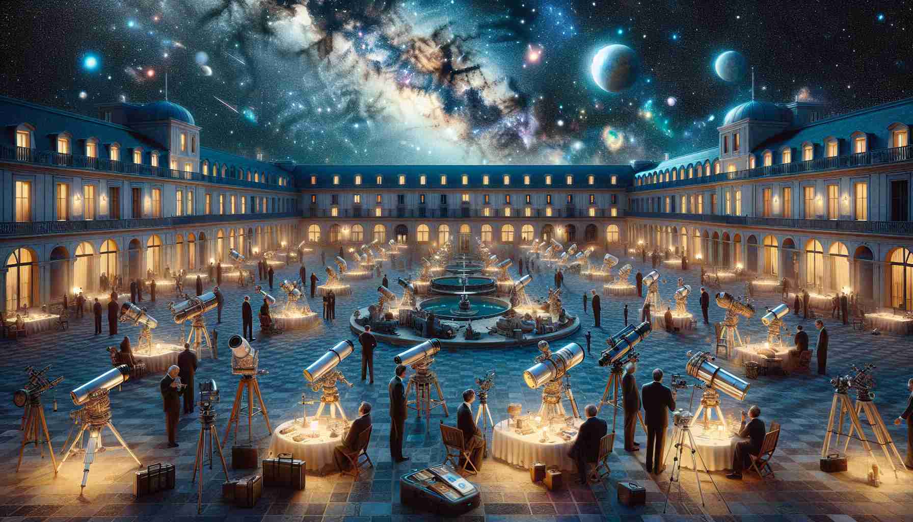 Detailed and high definition image of an extravagant stargazing event taking place at a grand and luxurious hotel. The setting is a wide-open court of the hotel, under the enchanting and mysterious night sky, studded with numerous twinkling stars. Various astronomers are gathered with high-grade telescopes, seeking out celestial bodies. A variety of stars, nebulas, galaxies, and other cosmic wonders are observed. The mood is captured in soft, ambient lighting with enthusiastic excitement filling the air. The color scheme of the image is dominated by the cool hues of the night sky and the faint illumination of the hotel.