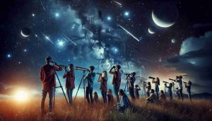 Realistic, high-definition image of a diverse group of astronomy enthusiasts out in a field at night, each of them observing the starlit sky with wonder and amazement. They're using various tools, such as telescopes and binoculars, to gaze at a dazzling celestial show of shooting stars and constellations, creating a harmonious blend of human curiosity and the grandeur of the cosmos.