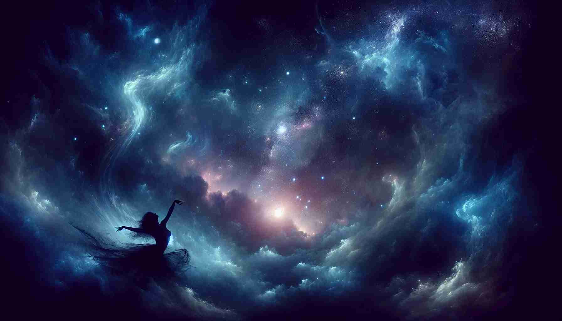 Generate a realistic, high-definition image showcasing the mystical dance of the night skies. The scene should capture the essence of enchanting nightfall: a blanket of indigo highlighted with glimmers of starlight, swirling cosmic displays, the whisper of distant galaxies, and the soothing sweep of a waning moon. Imagine the celestial bodies as dancers swaying gracefully; the darkness soft and alluring, punctuated by the poetic rhythm of the cosmos.