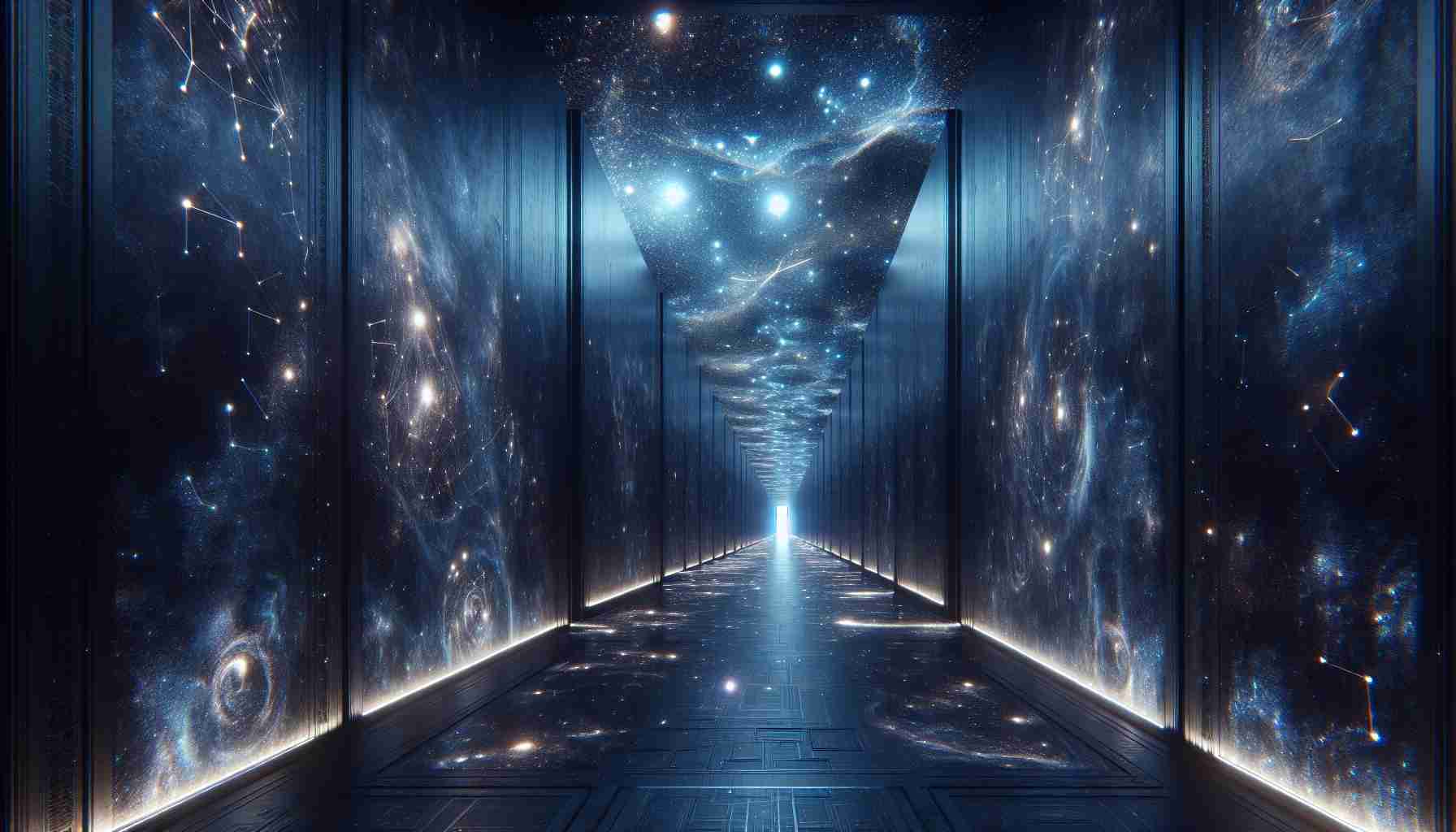 A high-definition, realistic photograph of a place called the Celestial Corridor. This space suggests mystery and wonder with its enigmatic, astronomical hints. It's like a long, narrow path or hallway, with walls, floor, and ceiling glowing with a deep, celestial blue. This visually striking spectacle is adorned with intricate patterns of glistening constellations, twinkling stars, and celestial bodies. The corridor extends far into the horizon, suggesting a walk among the stars, a journey into the unknown cosmos. The gentle light illuminating the corner gives a feeling of tranquility amid the enigma of the universe.