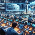 A highly detailed, high-definition rendering of the preparation stages for an ambitious space mission based in Europe. The scene captures engineers, including South Asian females and Caucasian males, meticulously working on a mission control console filled with glowing buttons and screens conveying complex telemetry data. Nearby, a futuristic-looking spacecraft is being assembled by a team of diverse engineers including Hispanic males and Middle-Eastern females. A banner overhead proclaims the mission's ambitious intent. The atmosphere is filled with anticipation, focus, and the hum of technological progress.