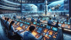 A highly detailed, high-definition rendering of the preparation stages for an ambitious space mission based in Europe. The scene captures engineers, including South Asian females and Caucasian males, meticulously working on a mission control console filled with glowing buttons and screens conveying complex telemetry data. Nearby, a futuristic-looking spacecraft is being assembled by a team of diverse engineers including Hispanic males and Middle-Eastern females. A banner overhead proclaims the mission's ambitious intent. The atmosphere is filled with anticipation, focus, and the hum of technological progress.