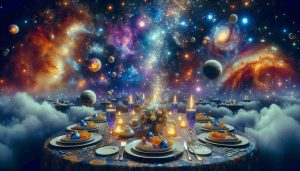 Generate a realistic, high definition image of a celestial event entitled 'Discovery of a Starlight Feast'. This represents a seemingly ordinary night sky that subtly transforms into a vibrant banquet, filled with cosmic motifs. Imagine a table laden with interstellar delicacies, stars twinkling on tablecloth like scattered grains of salt, platters piled high with nebulae and galaxies. Cold asteroids serve as ice spheres in swirling cosmic drinks. The cutlery, made of comets, beaming with the iridescent sheen of starlight. The entire scene is bathed in a mixture of soothing celestial blues, violent purples, and warm golden hues of the universe.