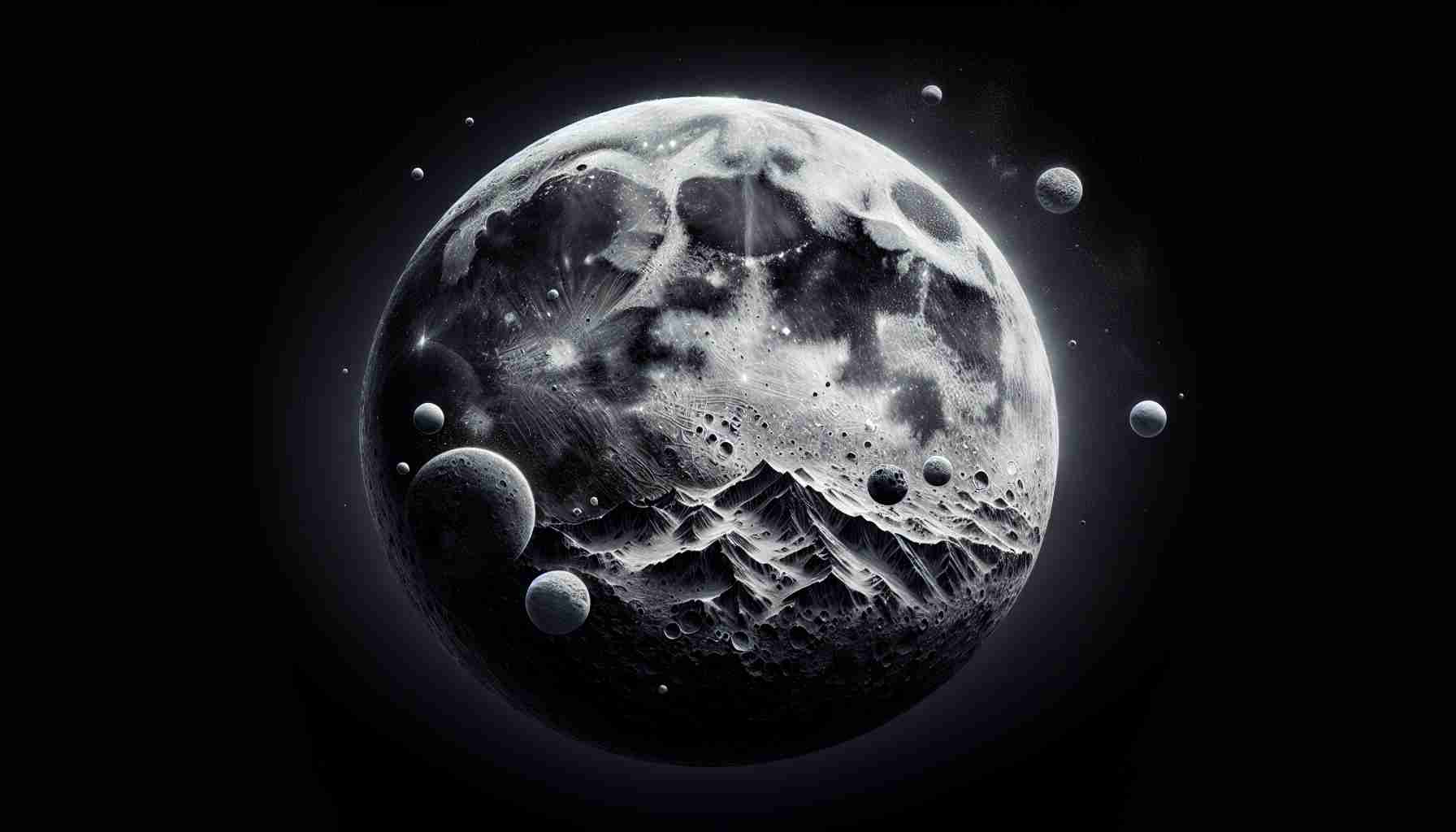 Create a detailed and realistic high-definition image that depicts the mysteries of the moon. Display the moon surface with its unique craters, valleys, and mountains. Integrate elements that embody the unknown and the unexplored, such as uncharted territory and enigmatic shadows. Balance the lunar beauty with the intrigue and the suspense that comes with exploring the unknown. Make sure to capture the contrast between the bright moonlight and the dark lunar surface to emphasize the mysterious nature of the moon.