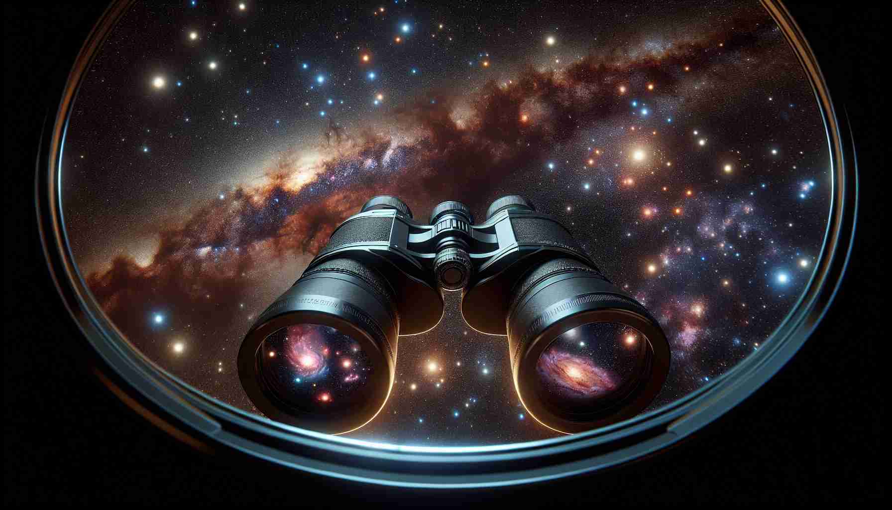 Realistic high definition image of a night sky as seen through a pair of powerful 30x120 binoculars. The sky is dotted with numerous glowing stars, galaxies, and other celestial bodies. The binoculars, named 'LuminaStar', capture the beauty and depth of space in exceptional detail.