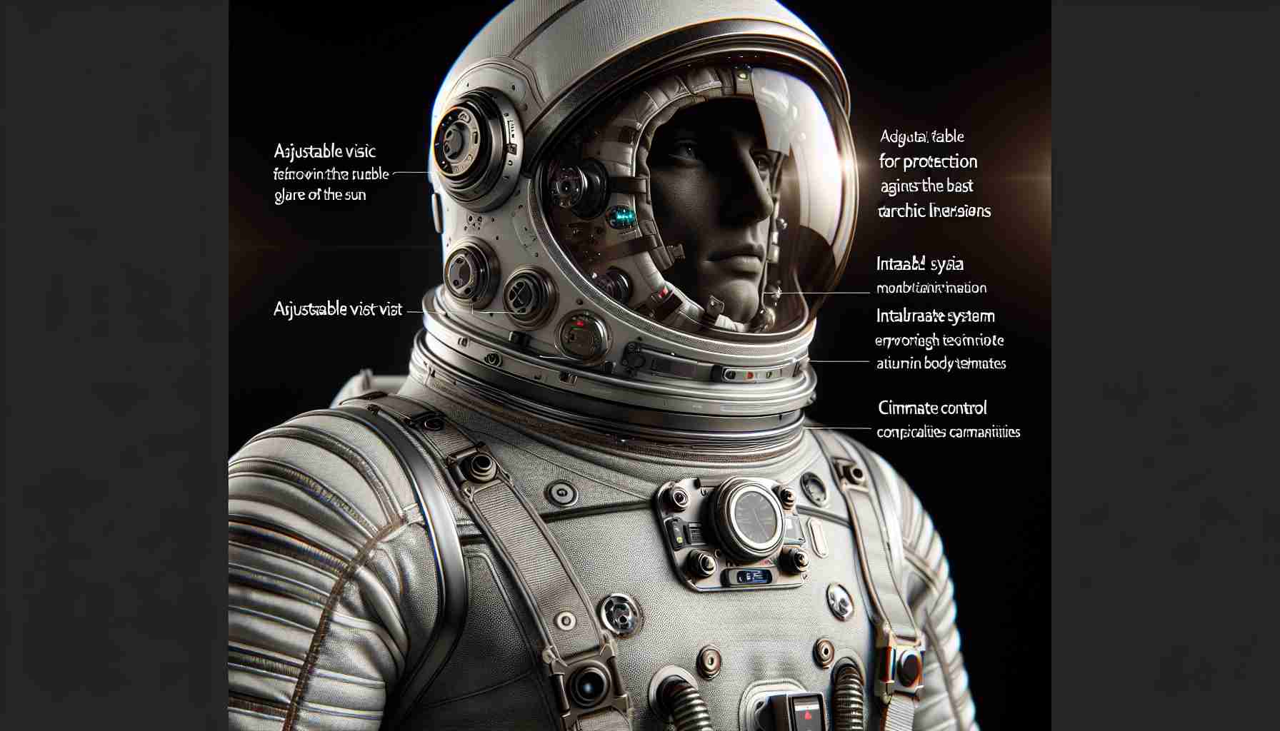 Imagine a high-definition, realistic photograph showcasing the advancements in space apparel technology. This image should feature an astronaut suit fitted with the latest technological enhancements. Its fabric is durable yet flexible, designed to withstand outer space's harsh conditions. Adjustable visor tinted for protection against the bright glare of the sun, integrated communication system in the helmet, and climate control capabilities to maintain body temperature. The suit is finished with a sleek, metallic look that represents the modern age of space exploration.