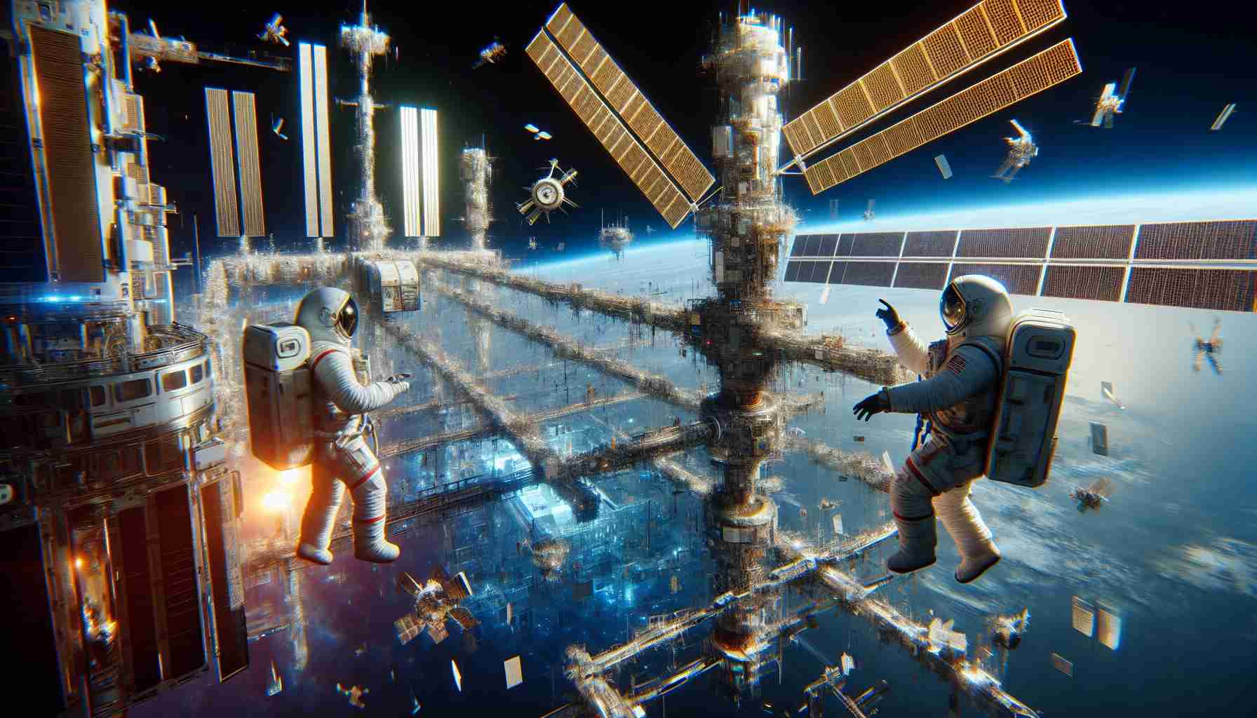 Generate a realistic HD picture that captures the scene of two astronauts, one Hispanic male and the other Asian female, investigating strange structural irregularities on the International Space Station. The scenery should incorporate elements such as multiple modules connected by passageways, floating objects due to lack of gravity, and a vast array of advanced technological devices utilized for research and maintenance.