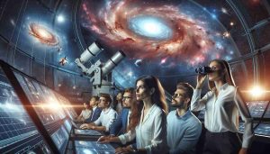 A high-definition, realistic image featuring a team of astronomers. This diverse group includes a Hispanic woman, a Caucasian man, and a South-Asian man, all passionately engaged in observing an intense celestial event. Within the galactic realm they're observing unfolds a dramatic encounter of stars, cosmic dust swirls, dancing nebulae, and a galaxy far, far away. Their high-tech observatory setting is filled with sophisticated equipment and large computer monitors displaying dazzling images of the cosmos.