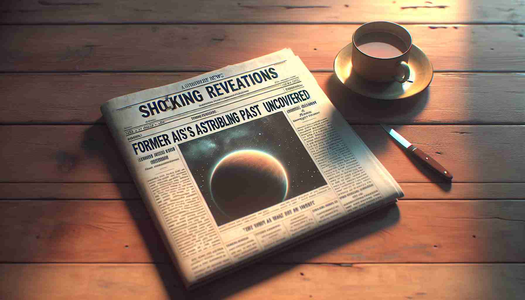 Generate a realistic, high-definition image of a newspaper headline reading: 'Shocking Revelations: Former Astronomer's Troubling Past Uncovered'. The newspaper should be placed on a wooden table, and a cup of coffee should be placed beside it. The faint hint of a morning sunrise should be captured through a near window, suggesting the start of a new day and a reflective mood.