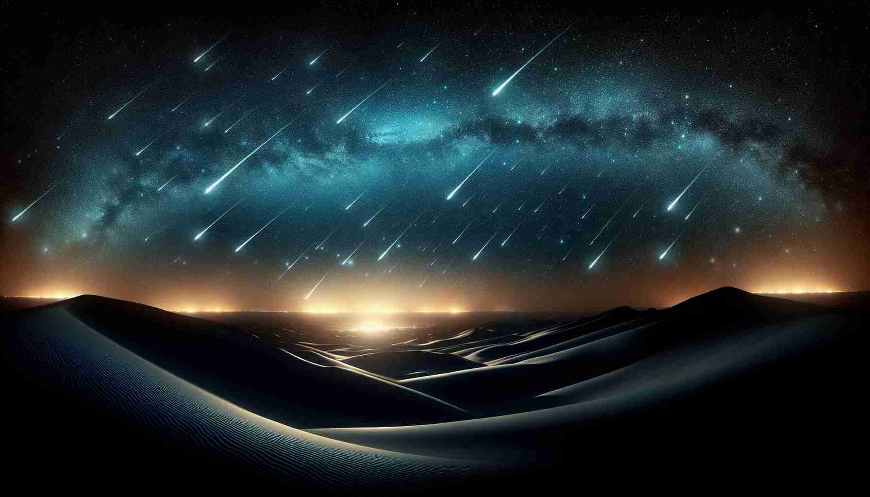 Generate a high-definition, realistic image depicting the wonder of night skies, specifically focusing on the splendor of meteor showers. The scene should capture the breathtaking spectacle of countless meteors streaking across the star-studded, velvety dark canvas of the sky, leaving behind momentary trails of light. The foreground could possibly include a silhouette of a lengthened, undulating line of low-rise hills resting under the vast dome of the cosmos. Subtle hints of city lights may be visible in the distant horizon, adding to the awe-inspiring contrast between man-made illumination and the grandeur of celestial light.