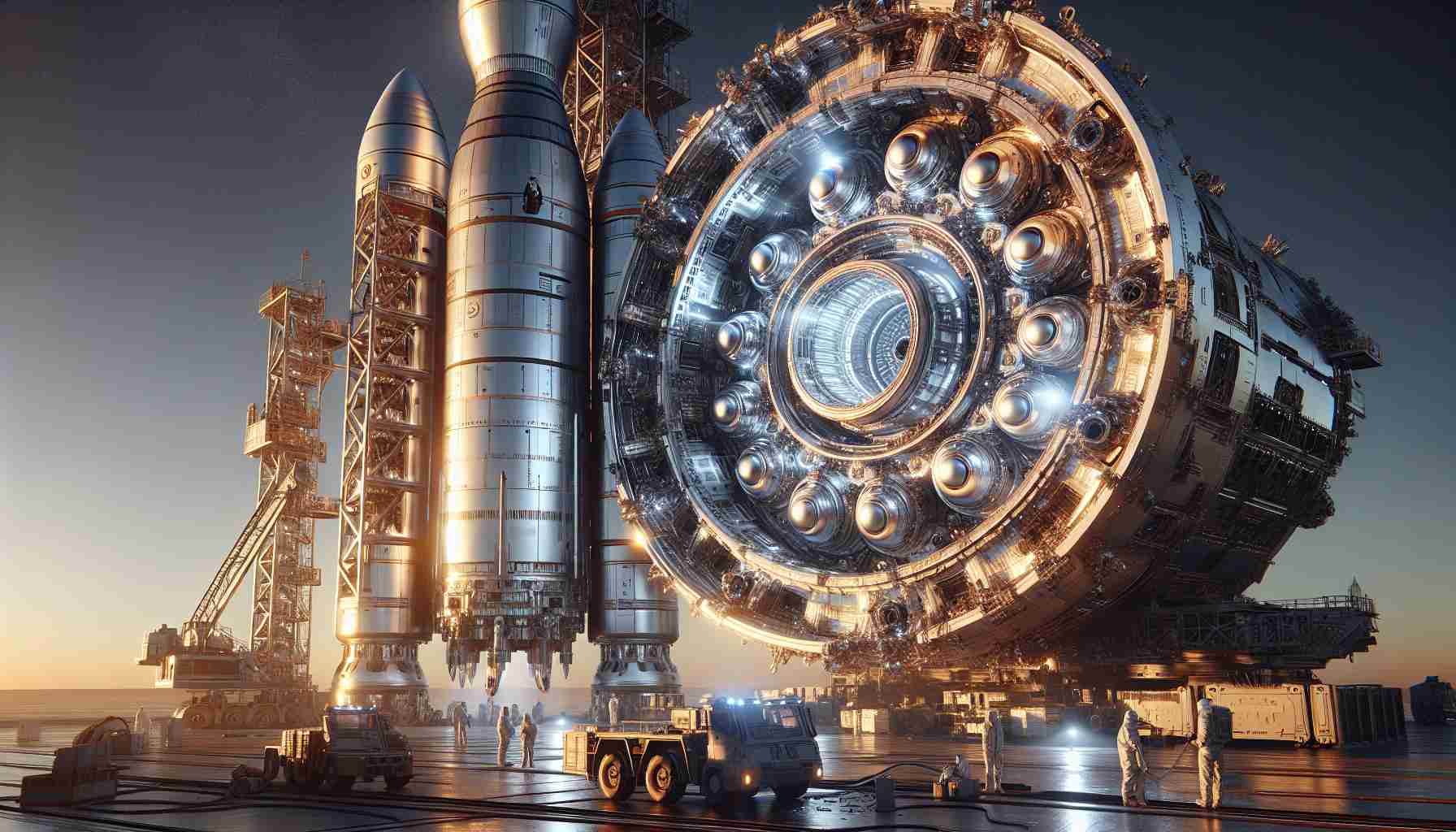 Generate a realistic, high-definition image of a large-scale, futuristic spacecraft, alongside an extremely massive rocket, both prepped and ready for an unprecedented journey into the cosmic void. Capture how the gleaming layers of stainless steel reflect the sunlight, illuminating the meticulously engineered structures. The scene should be bustling, with ground crew members in protective gear operating mechanical equipment, signaling the moments leading up to an extraordinary voyage.