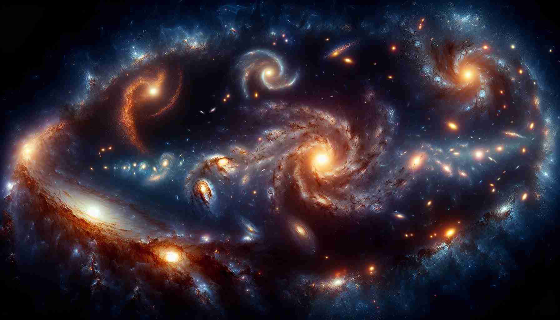 Generate a realistic high-definition image that depicts the mysterious evolution of primordial galaxies. The scene should include several galaxies at various stages of development, set against the backdrop of infinite cosmic space. There should be infant galaxies, glowing with the heat of new formation, mature galaxies, resplendent with the light of billions of stars, and aged galaxies, their light beginning to dim and cool. The vastness of the universe and its endless mysteries should be evocatively portrayed in this interpretation of the abstract concept of galactic evolution.