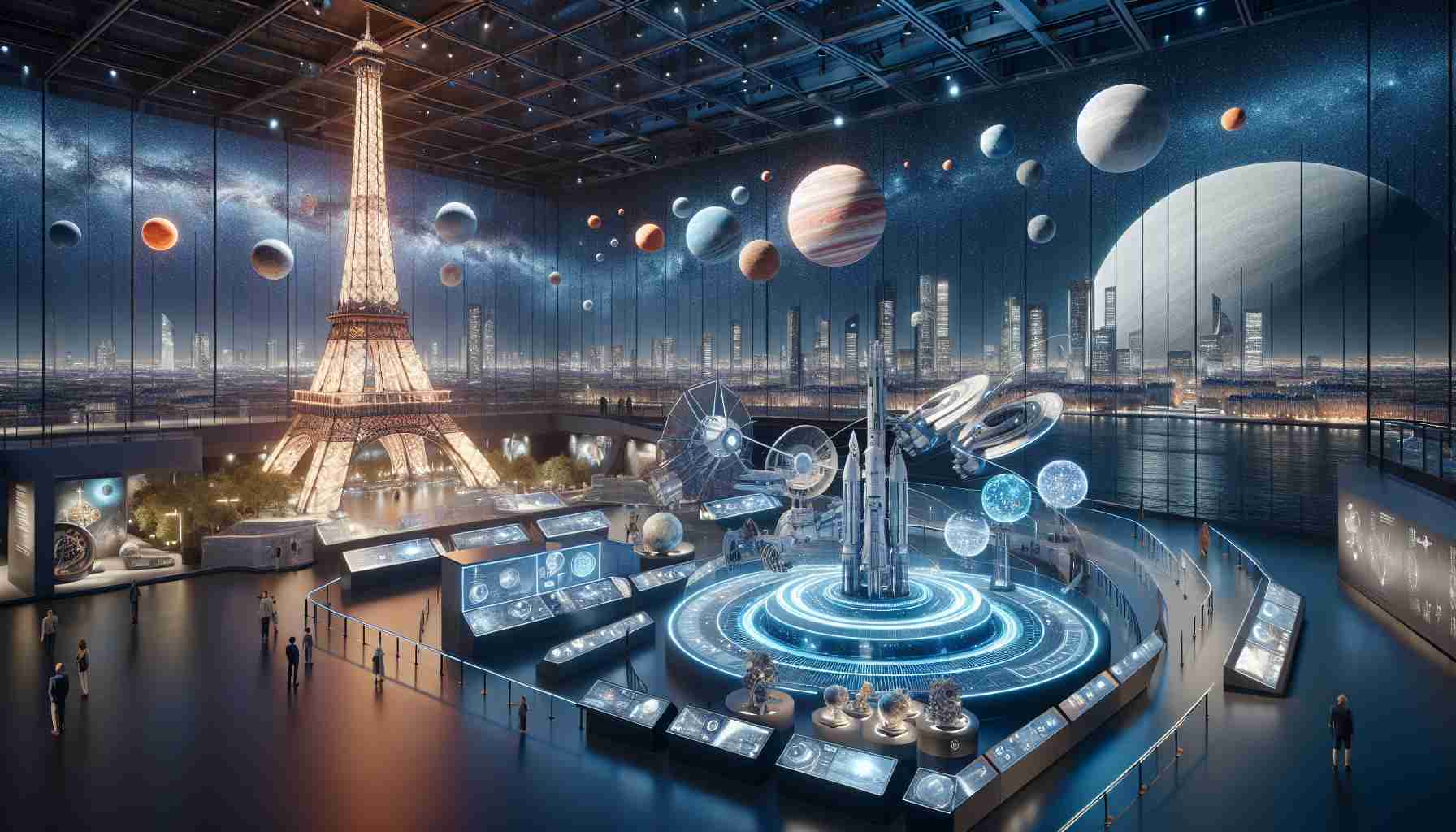 A high-definition, realistic image showcasing a space exploration exhibit in the city of Paris. The scene represents the modern age fascination with celestial bodies and mysteries of the cosmos. Visual elements may include 3D representations of planets and stars, interactive displays, and models of spacecraft bordering on the futuristic. The backdrop features popular Paris landmarks—the Eiffel Tower or Seine River under a star-studded night sky, illuminating the city's unique charm mingled with the wonders of space exploration.