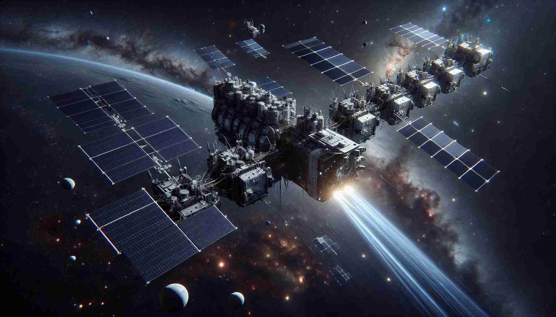 Realistically rendered high-definition image of a futuristic spaceship propelling a cluster of innovative satellites designed with advanced communication features into the endless expanse of outer space. The scenario unfolds amidst a backdrop of deep, dark cosmos punctuated by distant celestial bodies, star clusters, and nebulae. The spacecraft showcases advanced technological features while the satellites themselves are unique, symbolizing the progress of modern space technology and communication systems. Each satellite is fitted with advanced antennas and other communication tools which can be visible in the image.