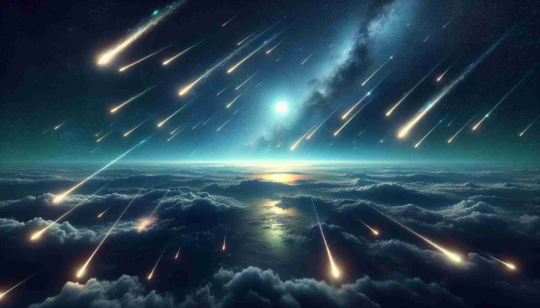 Realistic high-definition depiction of the spectacular Perseid Meteor Shower illuminating the clear summer night skies. The meteors streaking across the vast expanse of the sky, with background adornment of radiant stars, the moon's soft light, and occasional wispy clouds. The radiant beams of the shooting stars ignite the darkness, creating a fantastical vista of light and shadow, accompanied by a sense of serene tranquility. Capture the fleeting beauty of this celestial spectacle with remarkable realism and detail.