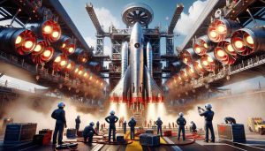 Realistically detailed high definition artwork showing an aerospace engineering team preparing a futuristic stainless-steel starship for a landmark sixth test flight. The scene captures the intensity and rush of activity with ground control personnel wearing safety gear and checking the starship's systems, a massive vertical launching pad, vibrant fire-red boosters waiting for ignition and a clear blue sky in the background.