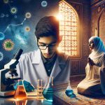 A thought-engaging and brilliantly hued photo portraying the intricate relationship between science and faith. A scene where a young South Asian scientist wearing a white lab coat studies a petri dish under a microscope on one half of the scene. Contrasting this is a devout Middle-Eastern woman on the other half, praying in a peaceful, beautifully decorated room. The imagery should clearly depict the coexistence and harmony of both realms, subtly blending the two worlds with their associated symbols, and atmospheric elements.