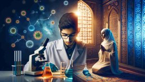 A thought-engaging and brilliantly hued photo portraying the intricate relationship between science and faith. A scene where a young South Asian scientist wearing a white lab coat studies a petri dish under a microscope on one half of the scene. Contrasting this is a devout Middle-Eastern woman on the other half, praying in a peaceful, beautifully decorated room. The imagery should clearly depict the coexistence and harmony of both realms, subtly blending the two worlds with their associated symbols, and atmospheric elements.