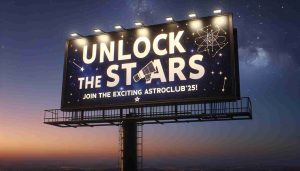 A high-definition, realistic image showcasing a billboard with the text 'Unlock the Stars: Join the Exciting AstroClub’25!'. The billboard stands out against an evening sky filled with sparkling stars. The words 'Unlock the Stars' are predominantly displayed in bold, attention-grabbing letters, while the phrase 'Join the Exciting AstroClub'25!' is inscribed below in a slightly smaller font. The overall theme could incorporate elements related to astronomy, like telescopes, constellations, galaxies, and perhaps a few aspiring astronomers gazing skyward with wonder.