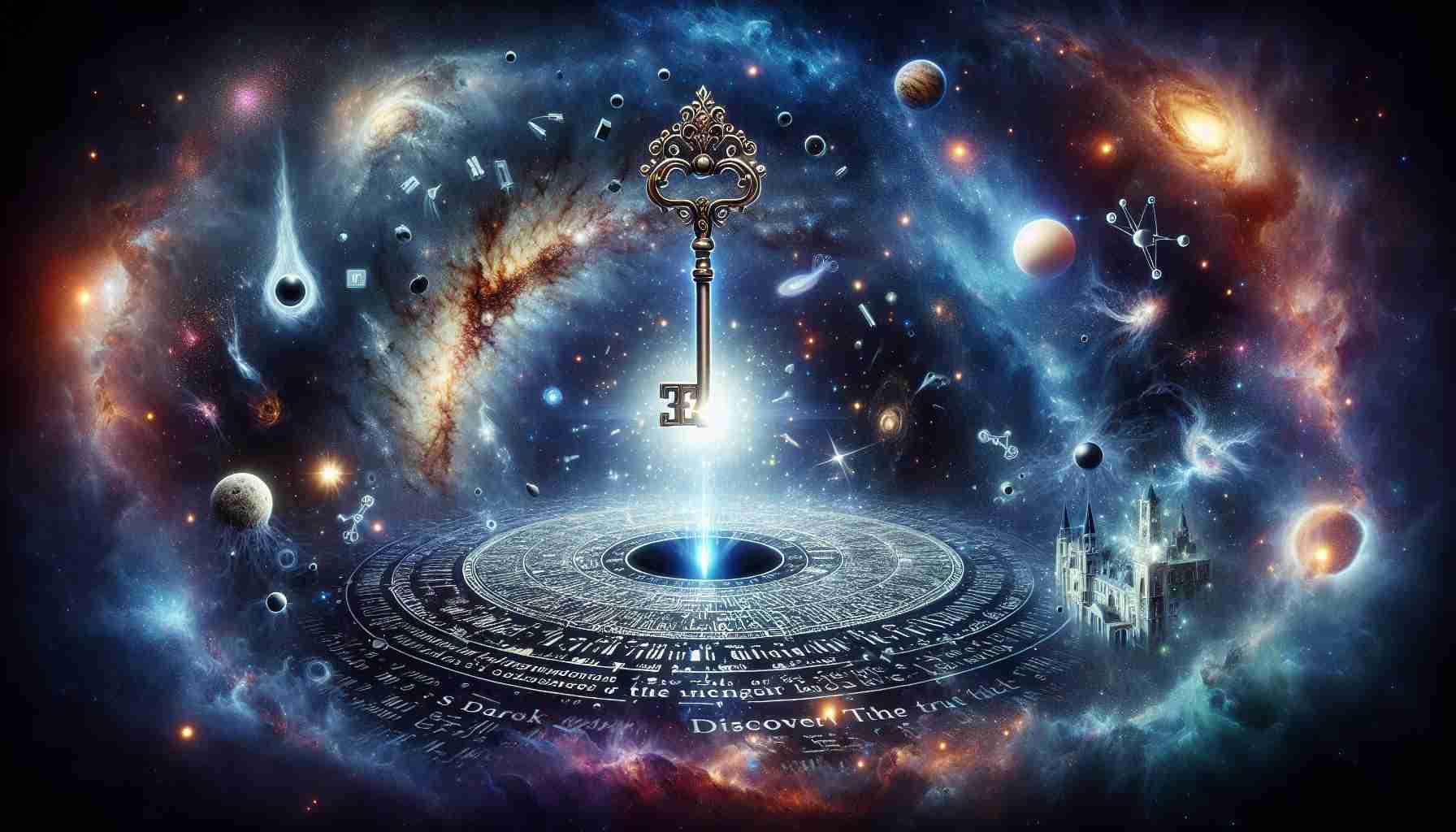 Create a detailed, high-definition image representing the concept of 'Unlocking the Secrets of the Universe'. There should be symbolic elements like a grand, ornate key entering a luminous lock, indicating the unlocking. The background should display an expansive cosmos filled with galaxies, black holes, nebulae, and constellations. Include ambiguous forms of dark matter and an exploding celestial body, in reference to 'Is Dark Matter a Second Big Bang?'. Letters forming the phrase 'Discover the Truth!' should float against the cosmic background, bringing together the theme of the image.