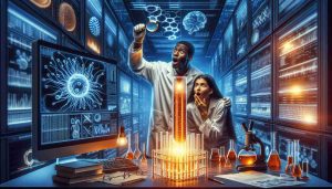 High definition image of an abstract concept of unexpected discoveries in latest research. Picture an intriguing scene of a well-illuminated modern laboratory with state-of-the-art equipment. In the foreground, a Black female scientist in lab gear, holding a glowing test tube with a surprised expression. Additionally, a Middle-Eastern male scientist nearby is examining a petri dish with a magnifying glass, showing curiosity and astonishment. On a large screen hooked to a supercomputer in the backdrop, complex data visualizations can be seen. Include stacks of research papers and diagrams scattered around indicating breakthroughs and unexpected discoveries.