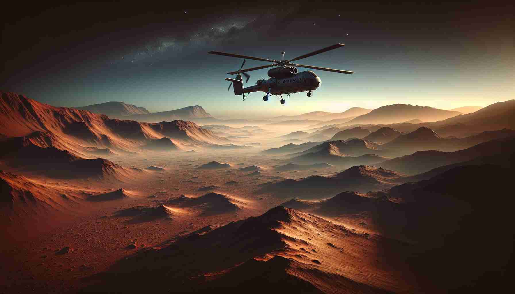 A highly detailed, realistic image showcasing the final flight of a legendary helicopter, known as Ingenuity, on its Mars exploration mission. The helicopter is mid-flight, with the rocky, red terrain of Mars stretching out beneath it, scattering of shadows indicating the depth of the Martian landscape. The sky above is a thin, wispy blue, with distant stars barely visible in the evening Mars sky. A sense of suspense lingers in the scene, illustrating an uncertain future of further Mars exploration.