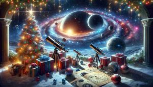 Create a detailed, high-definition image depicting the cosmic beauty of outer space during Christmas time. The scene should include a vibrant, star-studded night sky that evokes a sense of wonder. In the foreground, there should be a variety of telescopes, astronomy books, and star charts wrapped in sparkling Christmas paper, symbolizing them as perfect gifts. Add elements of holiday cheer, such as twinkling Christmas lights, snowflakes, and a festive atmosphere.