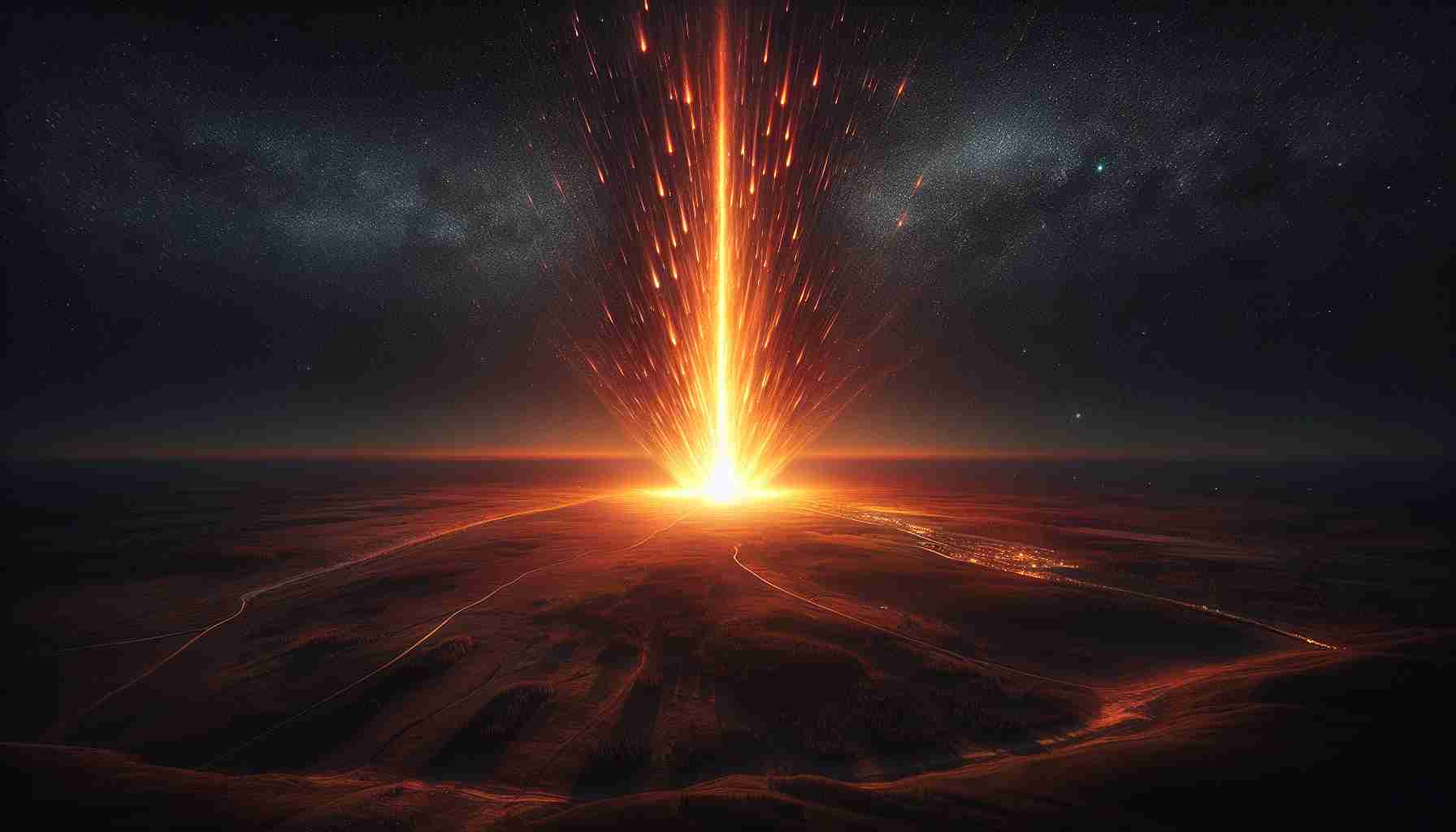 Depict a breathtaking scene of a realistic, high-definition cosmic event above a night-time landscape in Russia. Imagine a massive fireball, a brilliant streak of light that illuminates the dark sky as it descends, casting an unbelievable glow. Surrounding the fireball, stars sprinkle the vast expanse of the firmament, providing a beautiful contrast to the fiery visitor. The ground beneath should be shrouded in shadows, with just a few sparse structures or trees silhouetted against the glow of the fireball. Create this image invoking a sense of awe and wonder.