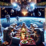 Stunning HD image of a Christmas celebration in the vast expanse of outer space. Imagine a spacecraft fully decked out with twinkling Christmas lights and ornamented with the Earth visible in the far-off distance. In place of a traditional Christmas dinner, envision a festive, nutritious meal packed in space pouches, floating weightlessly. The floating droplets of eggnog add to the surreal holiday feeling. Astronauts of various descents: Asian, Middle-Eastern, Hispanic, and Caucasian, both male and female, gather around joyously, sharing the warmth of Christmas while millions of light-years away from Earth.