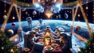 Stunning HD image of a Christmas celebration in the vast expanse of outer space. Imagine a spacecraft fully decked out with twinkling Christmas lights and ornamented with the Earth visible in the far-off distance. In place of a traditional Christmas dinner, envision a festive, nutritious meal packed in space pouches, floating weightlessly. The floating droplets of eggnog add to the surreal holiday feeling. Astronauts of various descents: Asian, Middle-Eastern, Hispanic, and Caucasian, both male and female, gather around joyously, sharing the warmth of Christmas while millions of light-years away from Earth.