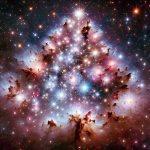 Generate a high definition, realistic image of the 'Christmas Tree Cluster', an astronomical wonder. Portray this open cluster with its magnificent celestial body full of bright, twinkling stars. The stars should be arranged in such a way that they resemble a Christmas tree. Ready to be amazed, think about the vast beauty and mystery of the universe, and the stunning secrets this cluster holds. Note: it is named 'Christmas Tree Cluster' because some astronomers see the shape of a Christmas tree within this star-filled cluster.