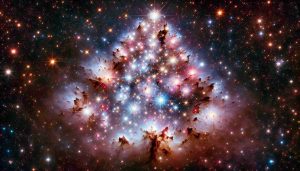 Generate a high definition, realistic image of the 'Christmas Tree Cluster', an astronomical wonder. Portray this open cluster with its magnificent celestial body full of bright, twinkling stars. The stars should be arranged in such a way that they resemble a Christmas tree. Ready to be amazed, think about the vast beauty and mystery of the universe, and the stunning secrets this cluster holds. Note: it is named 'Christmas Tree Cluster' because some astronomers see the shape of a Christmas tree within this star-filled cluster.