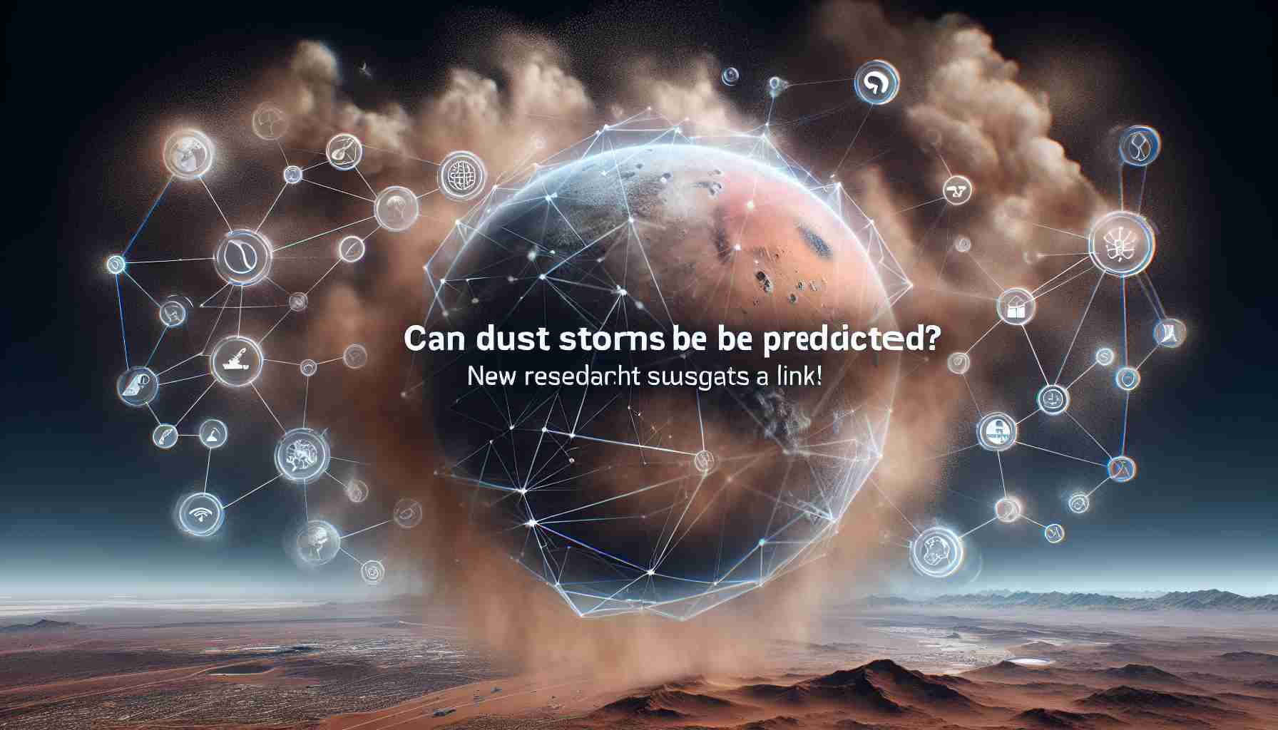 Create an ultra high-definition realistic depiction of the planet Mars under siege by a dust storm. Display a web of interconnected icons around the planet to visualize prediction methods, hinting at the notion of new research. Also include a title banner with the words 'Can Dust Storms on Mars Be Predicted? New Research Suggests a Link!'