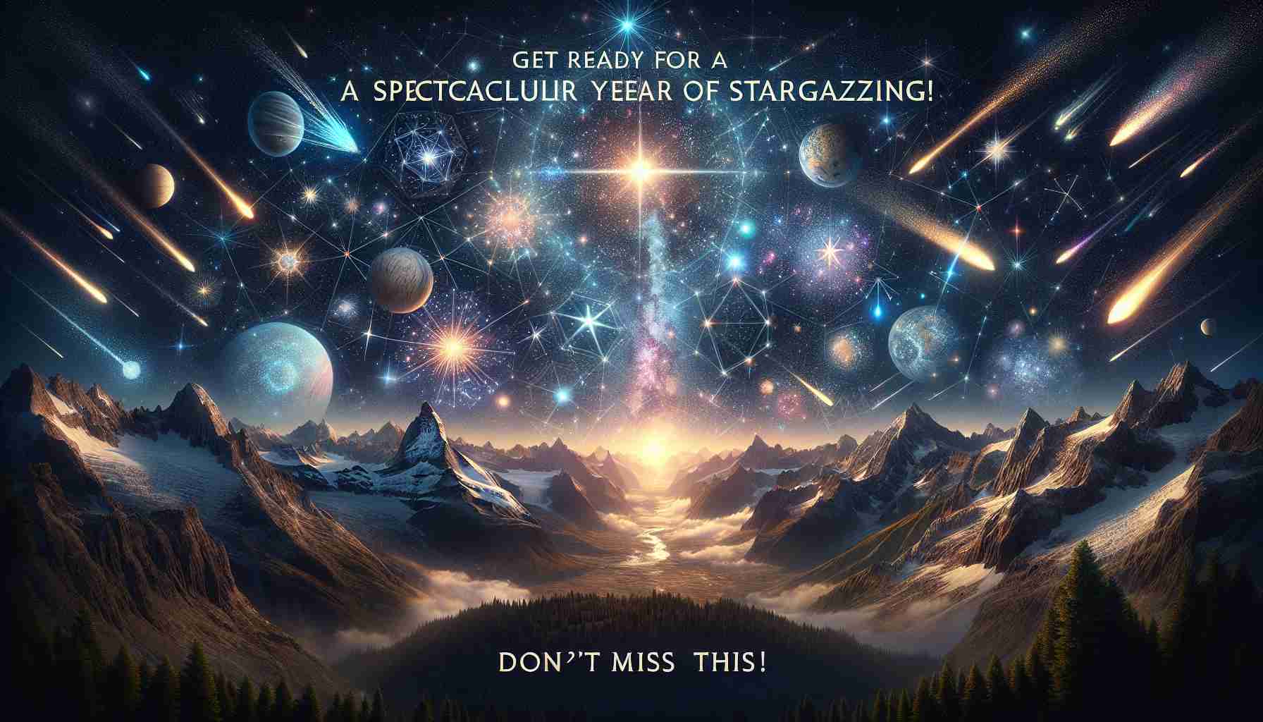 Generate a realistic, high-definition image that showcases a spectacular year of stargazing. The image may contain majestic views of the night sky filled with constellations, meteors, planets, and a prominent caption or title in an elegant font stating 'Get Ready for a Spectacular Year of Stargazing! Don't Miss This!'