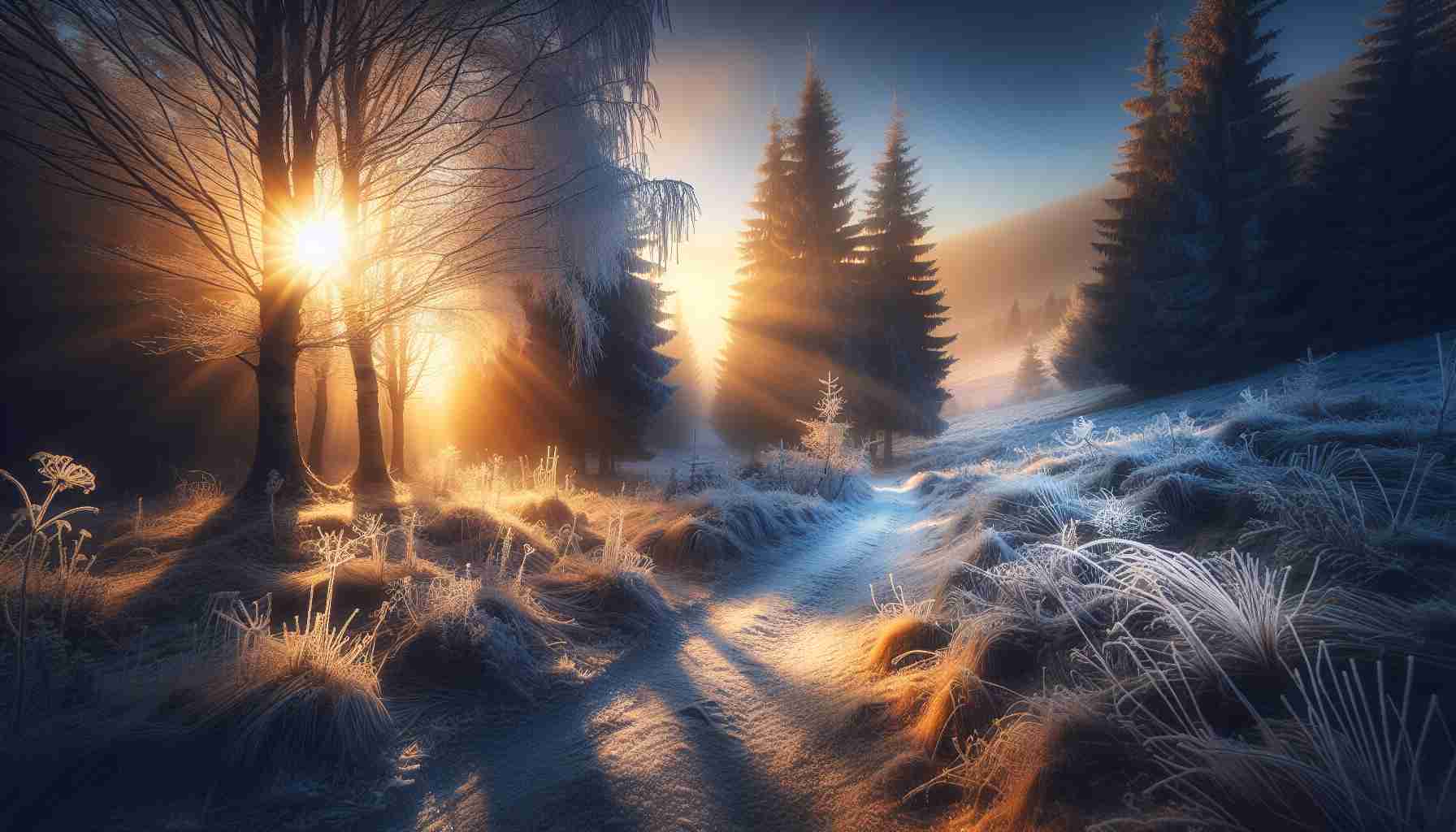 Create a high-definition, realistic image that depicts the magic of the winter solstice. Capture a scene where the shortest day of the year is welcomed with delicate frost on the trees, the ground covered in a soft blanket of snow, and the sky showcasing the beauty of the departing sun early in the afternoon. Let the scene radiate serenity and majesty, illustrating the peaceful transition of the seasons, and wholesomely embracing the charm and tranquility of the winter season.