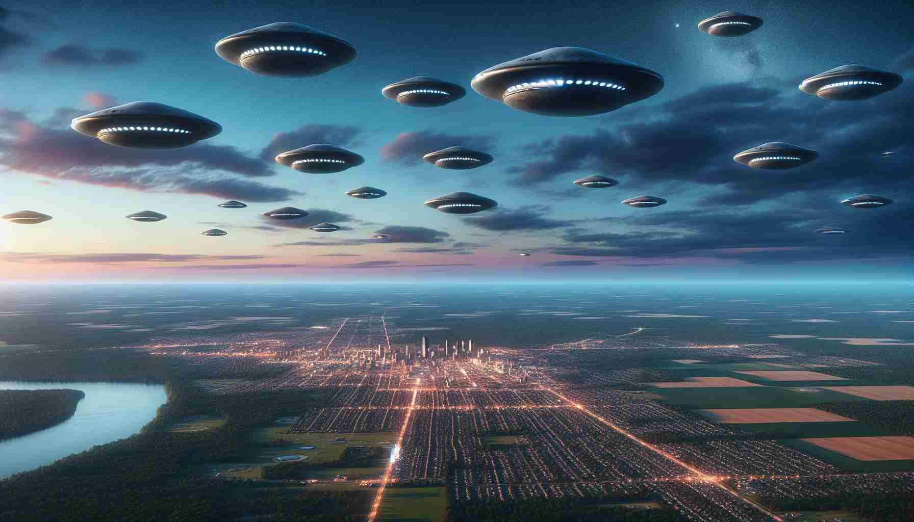 Realistic high-definition image showcasing a scene of unidentified floating objects, possibly mistaken for aliens, hovering over a detailed landscape of a state similar to New Jersey. The image should convey a sense of wonder and uncertainty, with viewers unsure if these objects are truly extraterrestrial or a case of misunderstood natural phenomena. The landscape should be strikingly true-to-life, with cityscape, suburbs and vast green areas, with the objects in question defying explanation as they gently float in the twilight sky. The overall mood should be one of both fear and excitement as the scenario unfolds mysteriously.