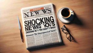 Generate a realistic high-definition image of a print news headline screaming 'Shocking News You Can't Miss! Discover the Unexpected Twist!'. The newspaper should be on a wooden breakfast table accompanied by a cup of coffee and a pair of reading glasses. Newspaper print should be sharp and clear. Ensure the headline grabs attention.