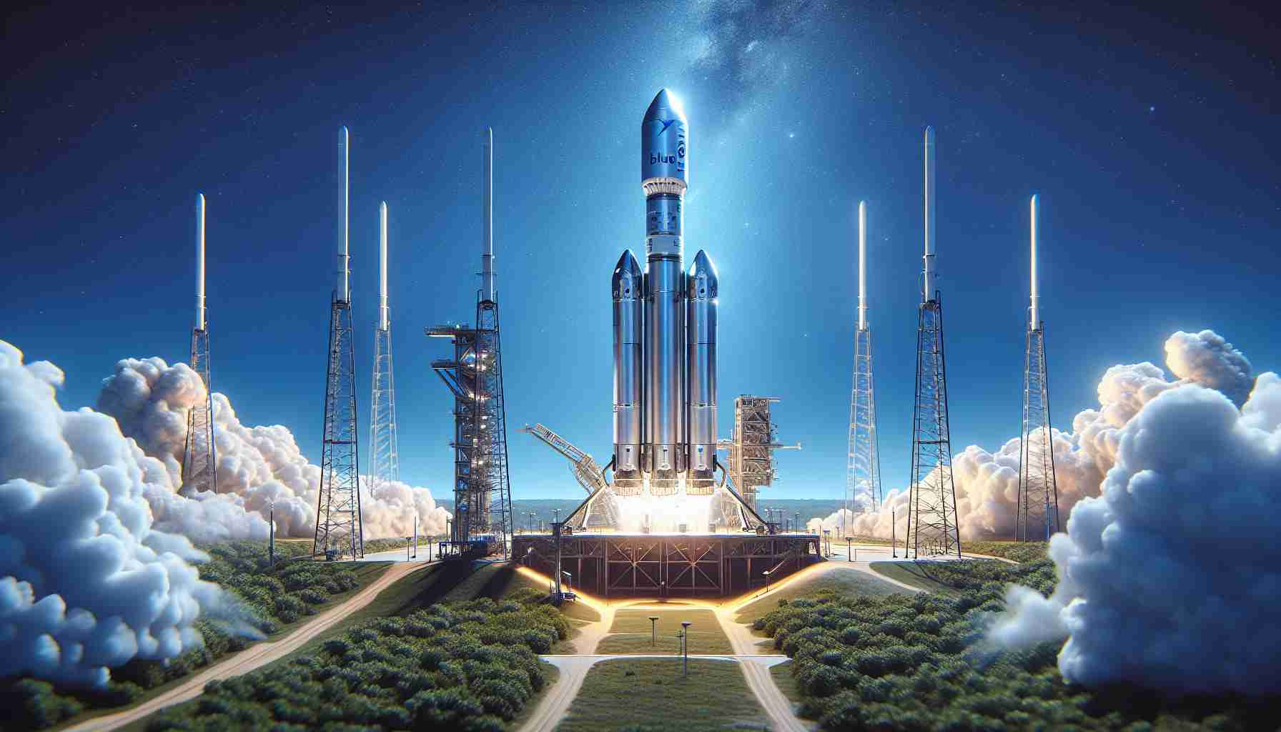 Generate a realistic, high-definition image of the launch pad of Blue Origin's New Glenn rocket. The spacecraft should look cutting-edge, gleaming under the sunlight, ready for takeoff and set against a bright blue sky. It should show a major milestone in space exploration, signaling the imminent commencement of a thrilling journey into space. The whole scene should evoke a sense of accomplishment, anticipation, and technological prowess.