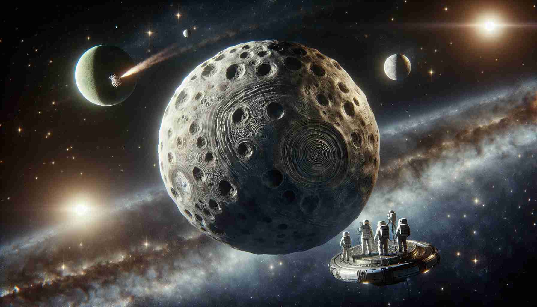 A highly detailed, realistic HD image showing the unraveling mysteries of an ancient celestial body. This enigmatic object floats in the vastness of space surrounded by stars. Its ancient surface is marked with fascinating signs of history. Nearby, a team of astronauts can be seen, their spacecraft hums with anticipation. These astronauts represent different descents - South Asian, Middle Eastern, and Hispanic, and comprise both men and women. They are intently studying the space oddity, capturing data that could dramatically change our current understanding of the solar system.