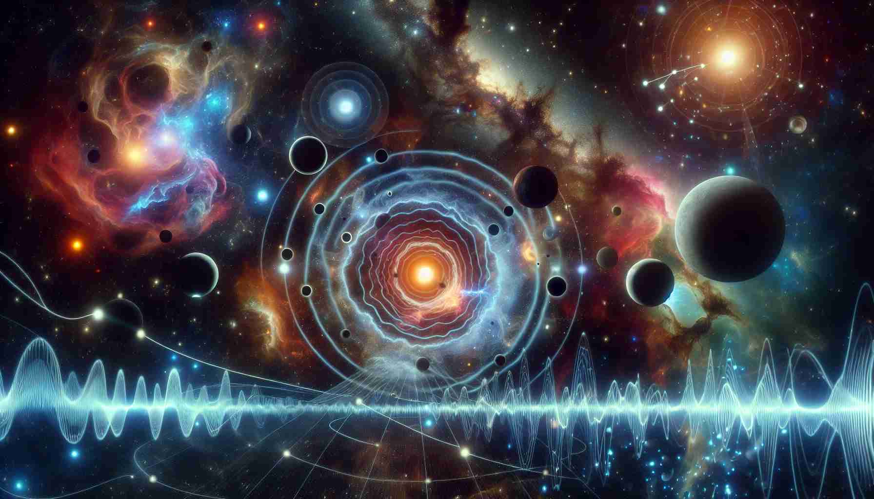 A high-definition image which represents the conceptual and startling discovery that the Universe is alive with sound. The central focus is on a depiction of the cosmos filled with celestial bodies, nebulae, and galaxies. Amidst them are sound waves travelling through the space, providing a visual representation of the sound in the universe. In a corner of the image, there is suggested causality with a black hole, larger than other celestial objects, radiating these waves, to prompt the query if it's the source of the 'ruckus'.