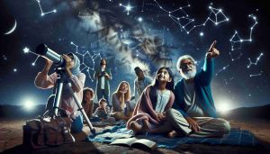 Create a high-definition realistic image representing the concept of 'Discover the Stars.' It depicts a multi-generational family engaging in cosmic exploration together. In the forefront, you can see a Middle-Eastern elderly man pointing towards a constellation in the night sky with a South Asian young girl beside him curiously observing. A few meters behind, a Black woman is holding a telescope, while a white man is holding a star map, navigating the constellations, and a Caucasian teenager is laying on a blanket looking at the stars. They all share a sense of adventure, curiosity, and familial bond as they embark on this cosmic journey.