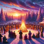 A detailed and realistic high-definition image showcasing the celebration of the Winter Solstice, known as 'Embrace the Longest Night'. The scene unfolds at dusk as the sun sets, casting long shadows and beautiful hues of orange, pink, and purple across a winter landscape. People of various descents and genders, bundled up in warm clothing, gather around a large bonfire, their faces illuminated by the warm glow. Some are engaged in cheerful conversation, others in quiet reflection. In the background, evergreen trees covered in snow stand majestically against the twilight sky.