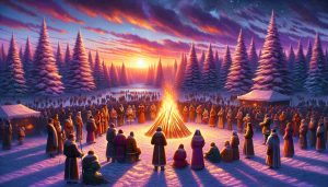 A detailed and realistic high-definition image showcasing the celebration of the Winter Solstice, known as 'Embrace the Longest Night'. The scene unfolds at dusk as the sun sets, casting long shadows and beautiful hues of orange, pink, and purple across a winter landscape. People of various descents and genders, bundled up in warm clothing, gather around a large bonfire, their faces illuminated by the warm glow. Some are engaged in cheerful conversation, others in quiet reflection. In the background, evergreen trees covered in snow stand majestically against the twilight sky.