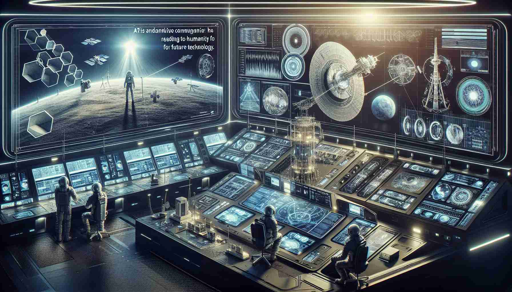 An evocative and highly detailed presentation of futuristic communication technology for space exploration, presented by an organization similar to NASA. The advanced technology could include advanced satellite, a complex control center with multiple screens showing various data, and innovative devices for astronauts. All the equipments are made with stunning precision and realism, insinuating a significant investment in the field. A subtitle hanging in the air related to the readiness of humanity for future technology.