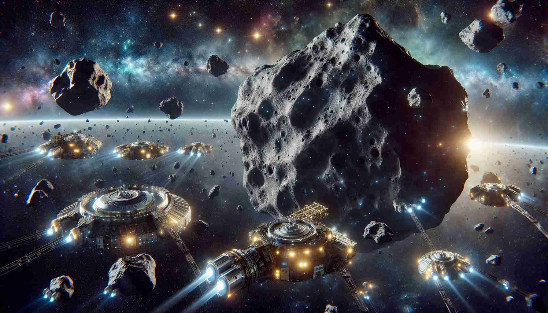 Create a high-definition realistic image portraying the future of mining. This scene should illustrate asteroids being mined as valuable resources. Show a large asteroid surrounded by advanced spacecrafts fitted with intricate extraction equipment. A backdrop of space filled with distant stars and nebulae adds a sense of depth and vastness. To emphasize the value of the asteroid, add glistening precious metals peeking out from the mined sections.