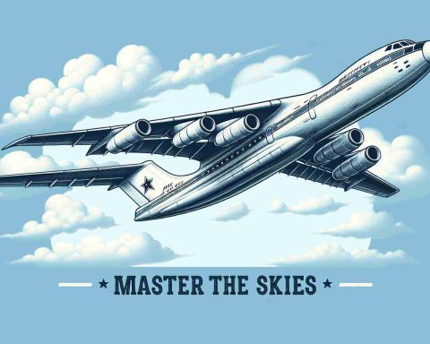 Create a realistic, high-definition image depicting a plane labeled as 'Master of the Skies'. This aircraft should indicate Russian aeronautical design and prowess. It should be soaring through the air, with a clear blue sky as a backdrop, perhaps with a few fluffy white clouds scattered in the distance. The plane's intricate details should be clearly visible, showcasing the majesty and power of Russian aviation.